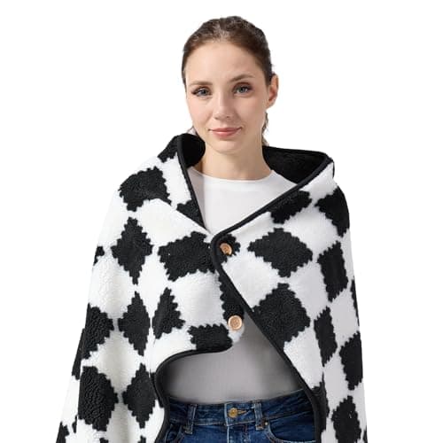 SHINEDOOR Jacquard Sherpa Wearable Blanket Lap Blanket Comfy Poncho Throw with Wooden Buttons Fleece Wearable Blankets for Women Soft Winter Shawl Gifts & Home Houndstooth Pattern - Image 1