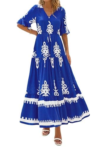 BTFBM Boho Dresses for Women 2026 Summer Spring Casual Floral Short Sleeve V Neck Flowy A-Line Maxi Party Dress Pockets(Floral Blue White, Medium) - Thumbnail 5
