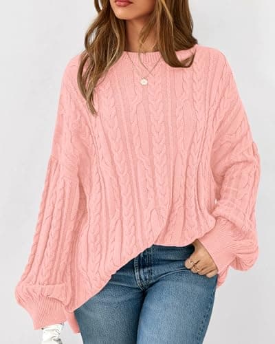 KIRUNDO Oversized Chunky Cable Knit Sweater Women 2026 Fall Fashion Cozy Long Sleeve Crewneck Pullover Winter Clothing(Pink, Medium) - Thumbnail 4