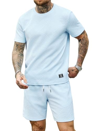 JEMLDL Mens Two Piece Short Sets Summer Light Blue 2 Piece Jacquard T-Shirt Shorts Outfit Casual Lounge Wear Sky Blue M - Image 1
