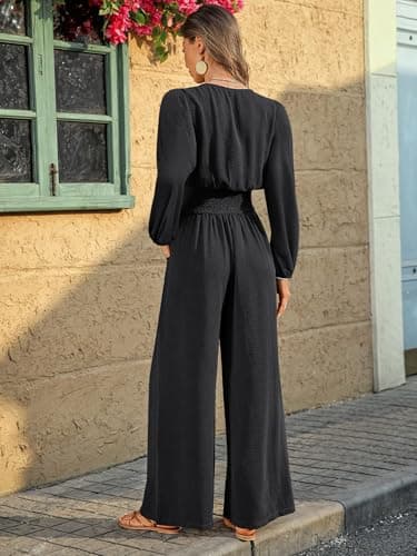 LOOKBOHO Long Sleeve Fall Jumpsuits for Women 2026 Dressy Casual One Piece Wide Leg Romper V Neck High Waist With Pockets Black Large - Thumbnail 3