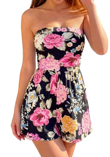BTFBM Romper For Women 2026 Spring Strapless Printed Tube Boho Wide Leg Beach Short Jumpsuit Summer Date Night Rompers(Floral Black Pink, X-Large) - Image 1