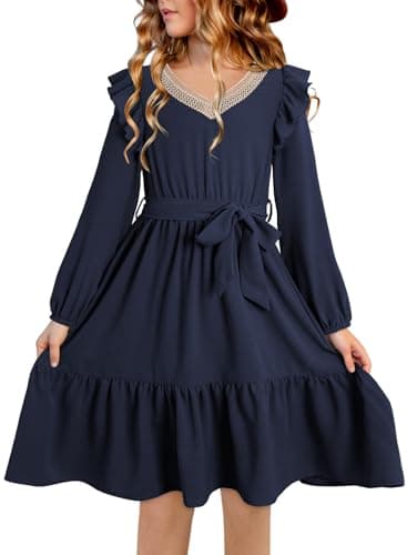 blibean Teen Girls Fall Dresses Youth Kid Girl Clothes Elegant Flare Wedding Guest Outfits Semi Formal Party Modest Midi Belt Navy Tween Dress Size 10-11 Years Old Blue - Image 1