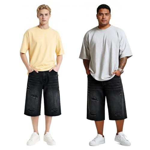 Heyfanee Mens Baggy Jorts Ripped Y2k Jean Shorts for Men Big and Tall Loose Fit Denim Shorts Men Streetwear Black 38 - Thumbnail 4