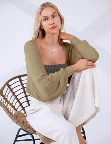 Totatuit Women's Y2K Shrug Sweater Knit Open Front Crop Cardigan Long Sleeve Short Bolero Shrugs for Dresses Camel - Thumbnail 4