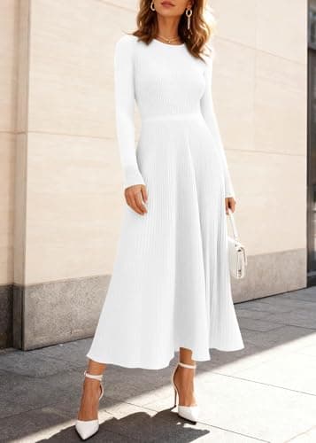 KIRUNDO Women Sweater Dress Holiday Ribbed Knit Long Sleeve Slimming Maxi Dress Fall Pleated Elegant A Line Winter Dresses(White, Medium) - Thumbnail 3