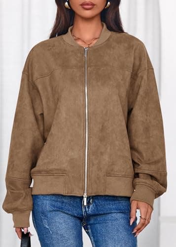 Lazysmile Women's Faux Suede Bomber Jackets Fall Fashion Outfits Winter Clothes Stand Collar Zip Up Coat Outwear with Pockets - Thumbnail 6