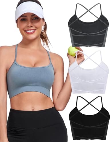 Lusait Sports Bras for Women Medium Support Thin Straps Sexy Criss-Cross Yoga Bra Gym Crop Top for Workout Black+Grey+White S - Image 1