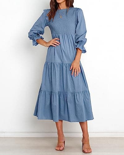 BTFBM Women Casual Long Sleeve Dress Fall Dresses 2025 Solid Color Relaxed Fit Smocked Tiered Flowy Boho Long Dresses(Solid Grey Blue,XX-Large) - Thumbnail 4