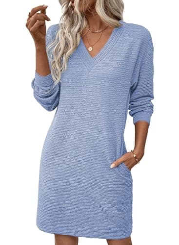 EVALESS Spring Dresses for Women 2026 Fashion V Neck Long Sleeve Summer Mini Dress Solid Casual Beach Vacation Clothes Tshirt Dresses with Pockets Women's Clothing Beau Blue Large - Image 1