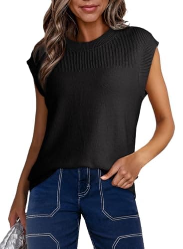 Dokotoo Early Spring Fashion Teacher Outfits for Women Casual Crewneck Sweater Vest Tops Lightweight Cap Sleeve Ribbed Knit Sweaters for Women Solid Loose Tank Tops Shirts Womens Clothes Black Small - Image 1