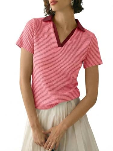 Tankaneo Womens Striped Polo Shirts Summer V Neck Short Sleeve Collared Knit Tops Dressy Casual Textured Blouse Pink - Image 1