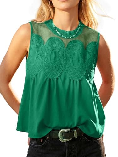 Funlingo Women's Peplum Tops Lace Babydoll Poplin Mesh Embroidered Blouse Dressy Casual Crew Neck Sleeveless Flared Mesh Shirts Green XS - Image 1