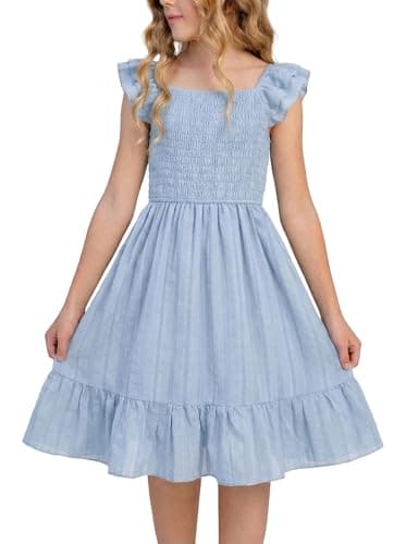 FREELYVE Girls Summer Dresses Smocked Flutter Sleeve Square Neck Ruffle Beach Party Teen Dress,Lightblue,12-13Y - Image 1