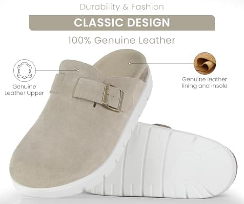 Genuine Leather Chunky Big Buckle Platform Clogs for Women Memory Foam Arch Support Cork Footbed Potato Shoes Mules-Benton Grey - Thumbnail 2