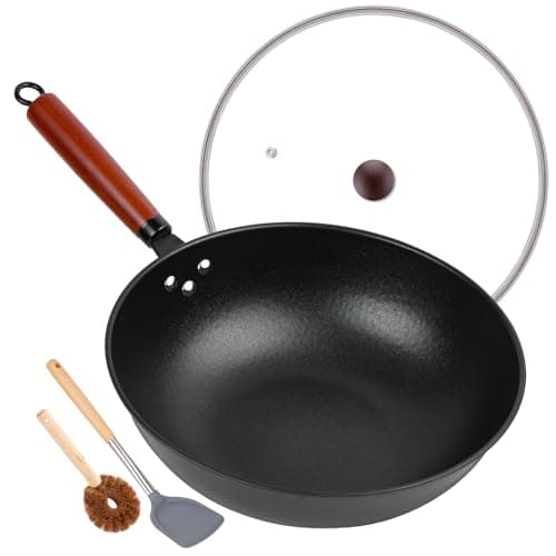 13" Nonstick Wok - Wok Pan with Glass Cover, Carbon Steel Woks & Stir-Fry Pans: Flat Bottom Chinese woks for Electric, Induction, Gas, All Stoves - Image 1