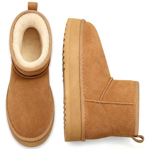 Litfun Suede Platform Mini Boots for Women Genuine Leather Fuzzy Ankle Winter Snow Boots with Fur Lined, Chestnut 41 - Image 1