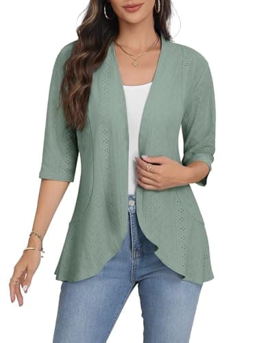 Askyes Womens Casual 3/4 Sleeve Eyelet Cardigan Lightweight Fashion Soft Loose Open Front Work Shrugs Cardigans,Grayish Green,M - Image 1
