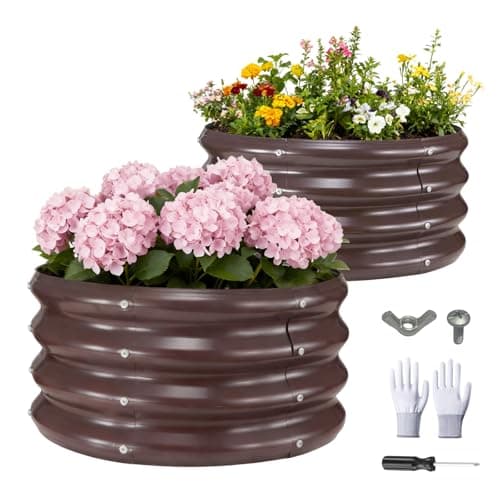 GOOZOO 2PC Galvanized Planter Raised Garden Beds, 2x2x1ft Raised Garden Bed Kit for Gardening Outdoor, Round Metal Land Planter Box for Vegetables, Fruits, Flowers（Brown） - Image 1