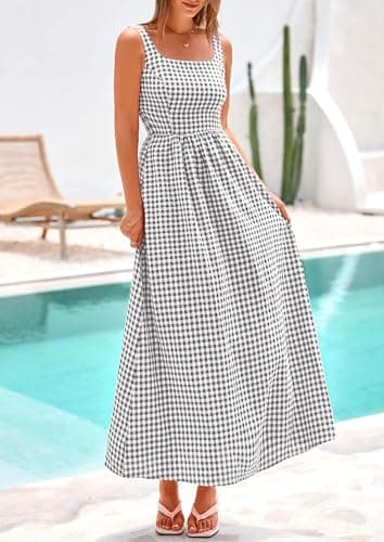 PRETTYGARDEN Women's 2026 Summer Spaghetti Strap Maxi Dresses Plaid Square Neck A Line Casual Beach Vacation Long Sundress (Grey,XX-Large) - Thumbnail 6