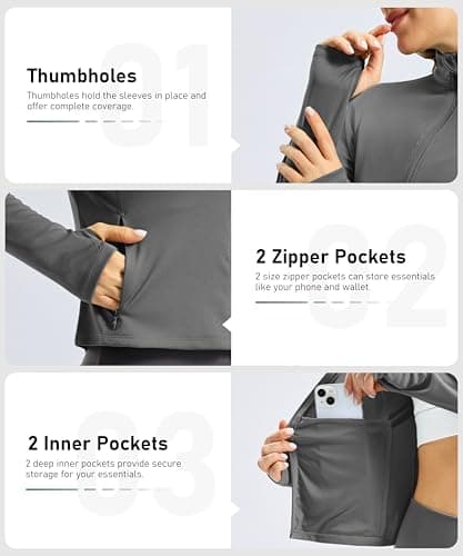 Soothfeel Women's UPF 50+ Sun Protection Athletic Jacket Lightweight Crop Zip Up Long Sleeve SPF Shirts Hiking Workout Pocket Dark Grey M - Thumbnail 4