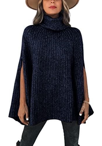 KIRUNDO Women's 2026 Fall Winter Turtleneck Poncho Sweater Fashion Chunky Knit Cape Wrap Sweaters Pullover Jumper Tops(Navy, Medium) - Image 1