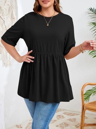 Beautife Womens Plus Size Summer Babydoll Tops Short Sleeve Crew Neck T Shirts Peplum Casual Loose Fit Blouse Black - Thumbnail 4