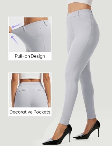 AVAMO Work Pants Women Stretchy Pull On High Waisted Dress Pants Skinny Leggings with Pockets Business Office Teacher Yoga Light Grey - Thumbnail 3
