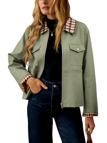 UEAL Cute Spring Jacket For Women 2026 Casual Green Plaid Military Casual Barn Jackets XX-Large Green - Image 1