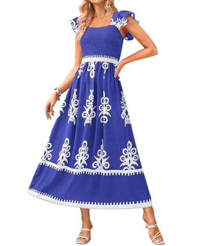 BTFBM Summer Dresses for Women 2026 Casual Floral Boho Sleeveless Square Neck A Line Flowy Beach Maxi Dress Pockets(Blue Flower, Medium) - Image 1