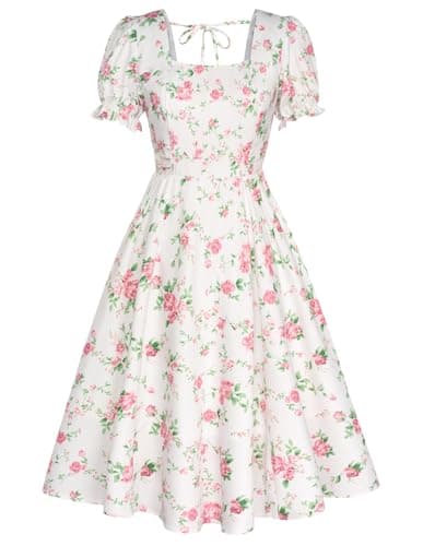 Belle Poque Vintage Dress for Women 1950s Cottagecore Cocktail Dresses Square Neck Puff Sleeve Dress Pink Floral XXL - Image 1