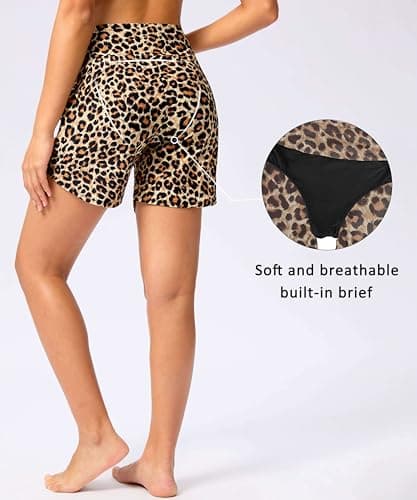 Viodia Women's 5" High Waisted Swim Board Shorts Quick Dry Beach Shorts with Pockets UPF 50+ Swimsuit Bottoms with Liner Leopard S - Thumbnail 3