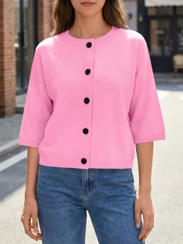 Saodimallsu Womens Short Sleeve Cardigan Sweaters Crew Neck Button Down Lightweight Casual Summer Knit Tops Pink - Thumbnail 3