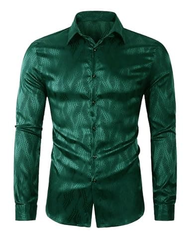 ZAFUL Mens Luxury Jacquard Long Sleeve Dress Shirt Button Down Shiny Satin Slik Wedding Party Shirts Green M