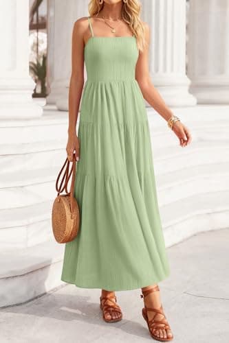 Okiwam Women's Summer Dress 2026 Casual Boho Sleeveless Spaghetti Strap Smocked Maxi Dress Ruffle Long Beach Sundresses-XXL Light Green - Thumbnail 5