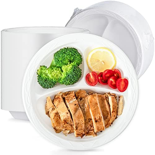 LEOBOX Party Plates Mineral Filled PP Plastic 9" - 150 Pack Shrink Wrap BPA Free Dinner Tray | Dishwasher & Microwave Safe | 3 Compartment Heavy Duty White Reusable & Disposable Plate for Catering - Image 1