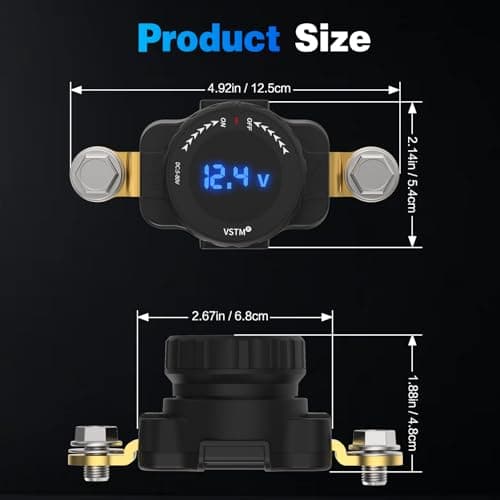 VSTM Battery Disconnect Switch, 5V-80V Side Post Battery Switch with LED Voltage Display, On/Off Master Isolator Power Shut/Cut Off for Car, Boat, RV, Truck, Camper, Trailer (Negative,Vertical) - Thumbnail 4