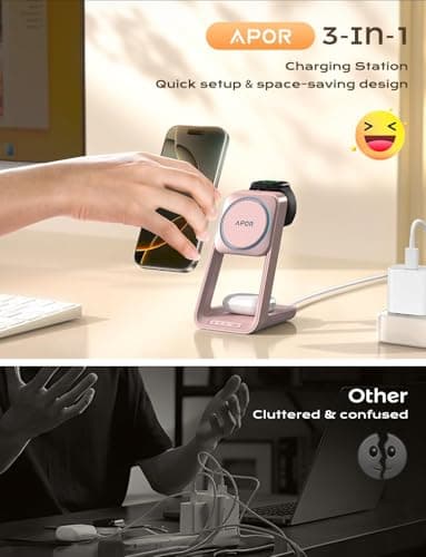 Apor 3 in 1 Charging Station for iPhone, Magsafe Wireless Charger with Cooling Fan for iPhone 17 16e 16 15 14 13 12 Series & Apple Watch Charger, Wireless Charging Station for AirPods 4/3/Pro (Pink) - Thumbnail 4