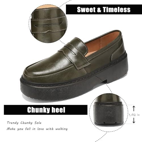 BEAUSEEN Women's Platform Chunky Penny Loafers Comfortable Lug Sole Slip-On Business Work Casual Dressy Shoes Olive, 7 US - Thumbnail 5