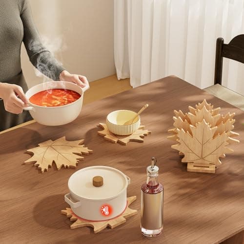 Erjiacun Bamboo Trivets for Hot Dishes, Pots & Pans - 6 Large Heat Resistant Pot Holders Trivet Set with Maple Leaf Design, Non-Slip for Kitchen Countertops & Dining Table - Thumbnail 2