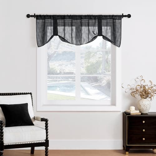 Home Queen Linen Look Tie Up Valance Curtain, Burlap Valences for Home Decoration, Length Adjustable Sheer Drape for Office and Bedroom, 4 Pieces, Black - Thumbnail 6