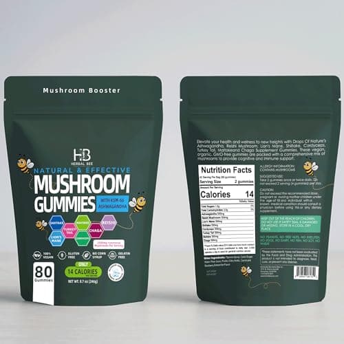 Organic Ashwagandha & Lions Mane Mushroom Gummies - Reishi, Cordyceps, Turkey Tail, Maitake, Shitake & Chaga, Immune Support & defense, Brain Boost, Vegan, All-in-One Superfood supplement | 80 gummies - Thumbnail 2