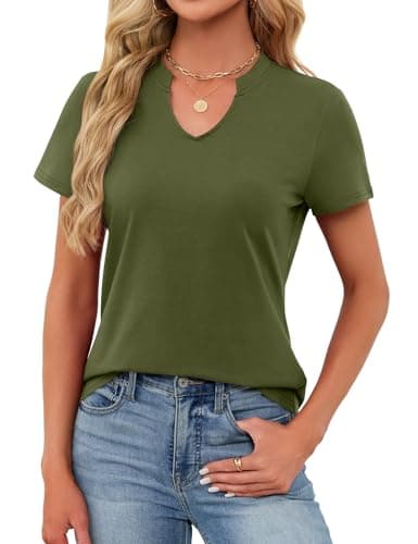 Women's V Neck Cotton T-Shirts Breathable Short Sleeve Tops Lightweight Stretch Summer Tees (Army Green,Large) - Thumbnail 2