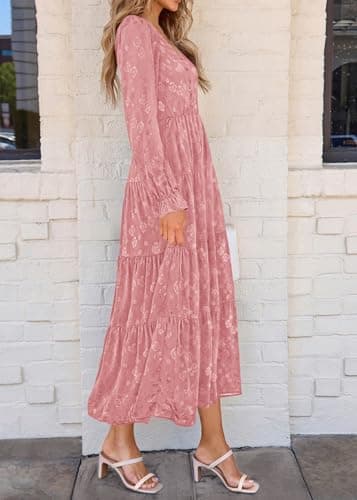 KIRUNDO Spring Wedding Guest Dresses for Women 2026 Maxi Floral Long Sleeve Elegant Ruffle Tiered Flowy Party Long Dress(Pink, Medium) - Thumbnail 6
