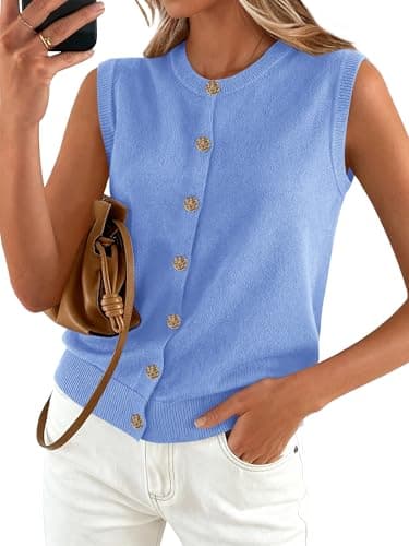 BTFBM Sweater Vest Women Casual Crewneck Loose Button Down Knit Sleeveless Cardigan 2026 Spring Clothes Summer Vest Tops(Light Blue, Medium) - Image 1
