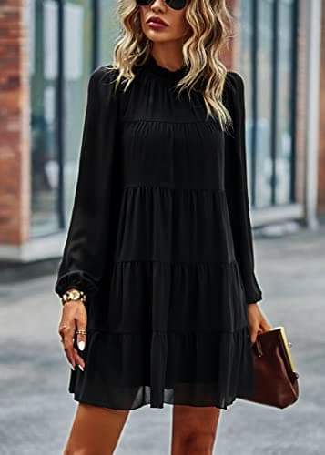 KIRUNDO Long Sleeve Baby Doll Dresses Women 2026 Casual Spring Summer Ruffle Mock Neck Tiered Mini Flowy Swing Shift Dress(Black, Medium) - Thumbnail 6