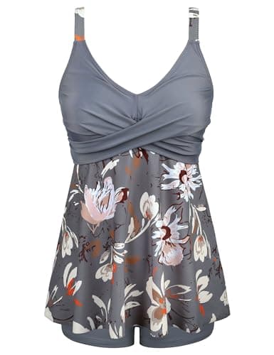 Firpearl Modest Swimming Suits for Women Tummy Control Tankini Top with Shorts Two Piece Bathing Suits XXL/US16 Grey Floral - Thumbnail 5