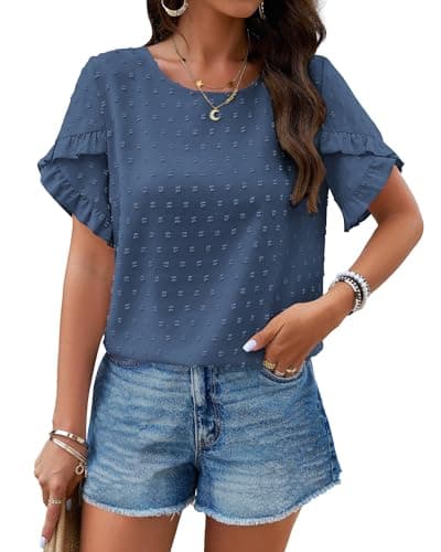 PRETTYGARDEN Women's Tops 2026 Summer Ruffle Short Sleeve Crewneck Blouses Swiss Dots Solid Loose Tunics Work Shirts(Grey Blue,XX-Large) - Image 1