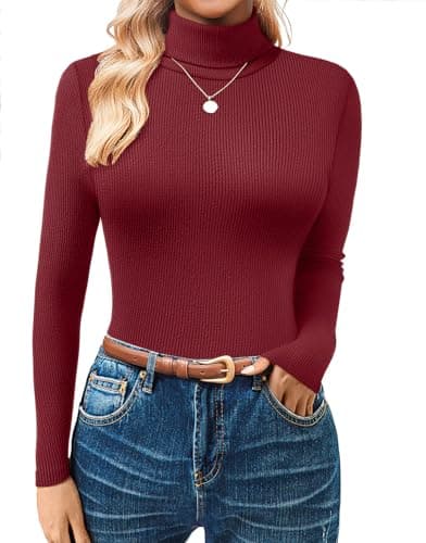 GKBK Women's Turtleneck Sweaters Fitted Long Sleeve Ribbed Shirts Lightweight Thermal Underwear Warm Layering Tops Fall Outfits 2025 Trendy Wine Red - Image 1