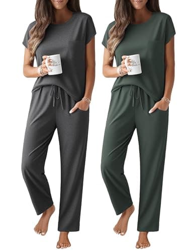 Ekouaer 2 Packs Pajamas for Women Set Cap Sleeve Top and Pants Soft Sleepwear Comfy Pjs Set with Pockets Loungewear - Image 1